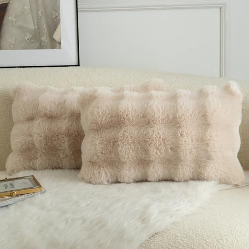 Mandioo Lot de 2 Housses de Coussin Décoratives en Laine Épaisse et Doudou Super Douces Vague Bulle Fourrure Veloutée Taies pour Canapé Lit Salon 30x50 cm Beige