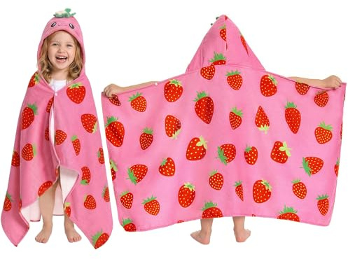 OLAOLA Strawberry Hooded Towel for Kids 3-12 Years, 28 x 53 Soft Thick Absorbent Beach Towels, Toddler Bath Towel Wrap Swim Pool Towels Poncho for Boys Girls