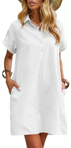 Zeagoo Robe d'été en Lin pour Femme Longueur Genou Décontractée Manches Courtes Chemise Robe de Plage Robe mi-Longue avec Poches