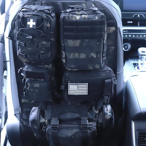 Universal Tactical Car Seat Back Organizer Bag Tactical Molle Vehicle Organizers Panel Vehicle Protector Organizers with 5 Detachable Pouches for Car Truck Ford Jeep (Model B-Black camo)