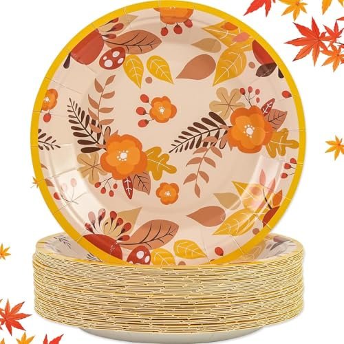 HFBOBP 50 Stück Ahornblatt Pappteller, Herbst-Einweggeschirr mit Ahornblatt-Motiv Pappteller für Erntedankfest-Partys Geburtstag Herbst Thanksgiving Dinner Party Dekorationen