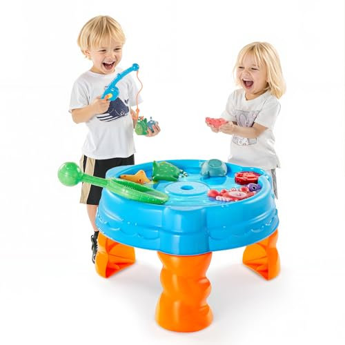 VEVOR Mesa de Agua con 9 Accesorios, Mesa de Juego Acuático para Niños, Mesa de Actividades Acuáticas de Verano con Juego de Pesca, Juguetes Sensoriales Acuáticos para Niños a Partir de 3 Años