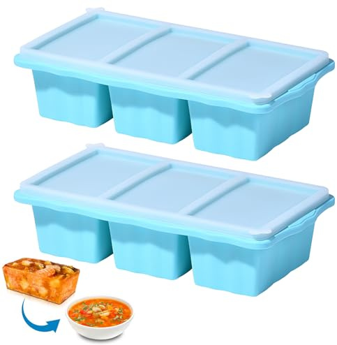 Defresit 2-Pack Silicone Freezer Tray 1 Cup/250 mL Cubes with Lids, Perfect for Storing Soup, Broth, Sauces, Batch Cooking and More, Oven-Safe Silicone Freezer Moulds (Blue)