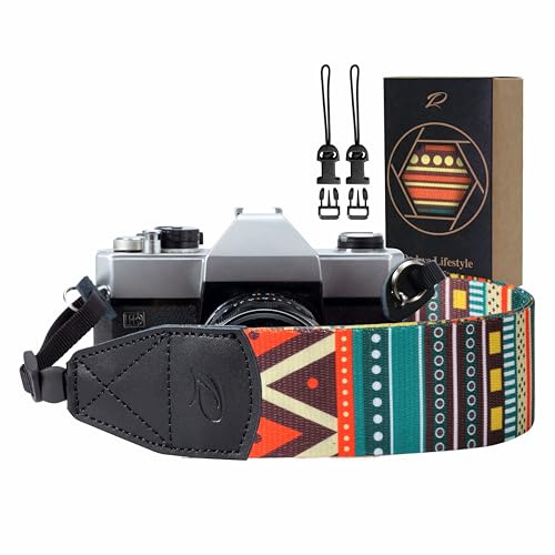 Padwa Lifestyle bohemian Camera Strap - 2 Retro Embroidery Boho Camera Straps for Photographers,Adjustable Wide Camera Neck/Shoulder Strap with Genuine Leather Head for All DSLR/SLR Digital Cameras