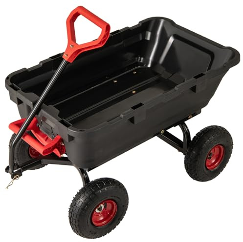 TANGZON Garden Dump Cart, 270KG Capacity Outdoor Tipper Trailer Wheelbarrow with Tipping Function, Adjustable Handle & 4 Large Tires, Heavy Duty Dump Trolley Tip Truck on Wheels