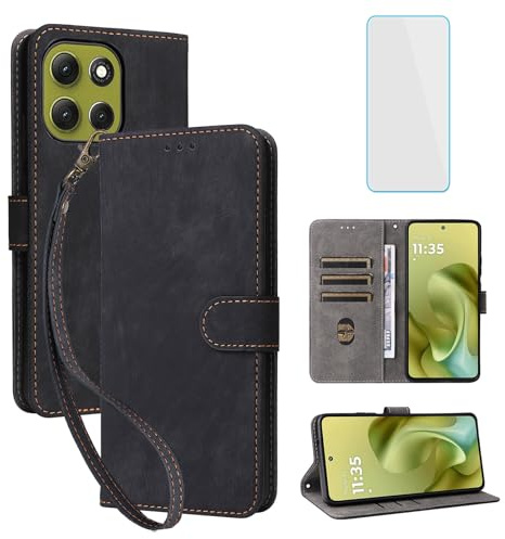 IUQXU Funda para Motorola Moto G86 5G Tapa Negro | con Protector Pantalla,Anti-Choques,Bloqueo RFID,Plegable,Tarjetas,Billetera Cuero Carcasa,Case Libro Motorola G 86 MotoG86