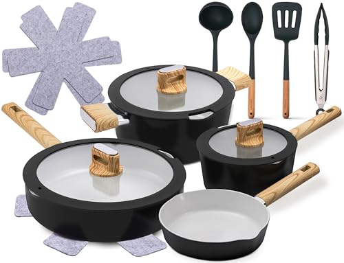 NutriChef Topfset Pfannenset Induktion, 14 Teilig, Schwarz – Keramik Antihaft Kochgeschirr mit Abnehmbaren Klappgriffen, Glasdeckeln, Platzsparender Aufbewahrung und Gleichmäßiger Wärmeverteilung