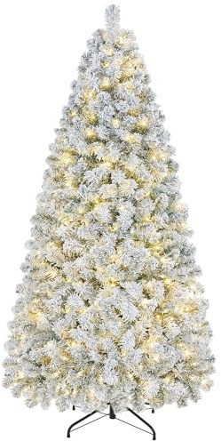 Yaheetech 6ft Pre-lit Flocked Artificial Christmas Tree with 250 Warm White LED Lights, 780 Tips & Foldable Stand, Holiday Decorative Tree, 8 Lighting Modes, 183 cm, Green & White