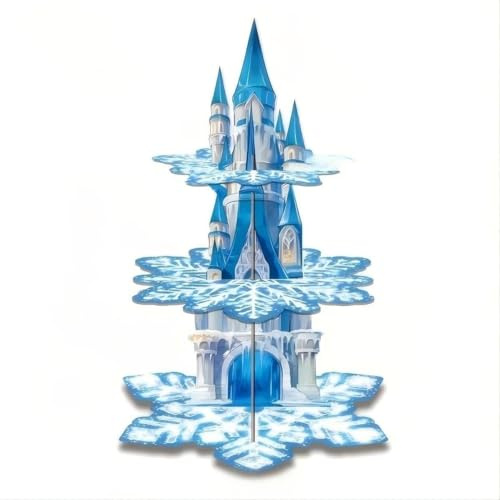 Alzata a tre piani, decorazione per feste, tema invernale con paesaggio innevato, alzata per dolci invernali, in cartone, ideale per la casa, feste a tema fiocchi di neve.