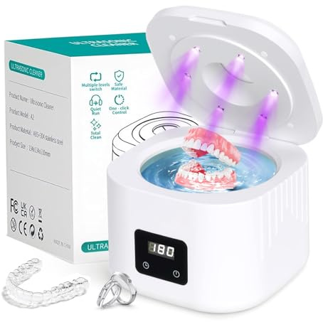 Retainer - Máquina limpiadora ultrasónica de dentaduras postizas de 49 kHz, pastillas de limpieza dentales ultrasónicas para alineadores, aparatos ortopédicos, cabezal de cepillo de dientes y joyas