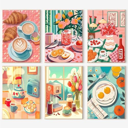 6 Packs Paint by Numbers Kit for Adults Unframed,Coffee DIY Acrylic Oil Painting Paint by Numbers Kits on Canvas,Bread Adults Paint by Numbers Kits Drawing Paintwork for Home Decor 9.8x13.8inch