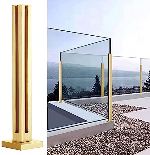 Barandilla de cristal dorada para balcón y patio, poste de esquina de acero inoxidable de 105 cm, valla de cristal para interiores y exteriores y elegante barandilla de terraza