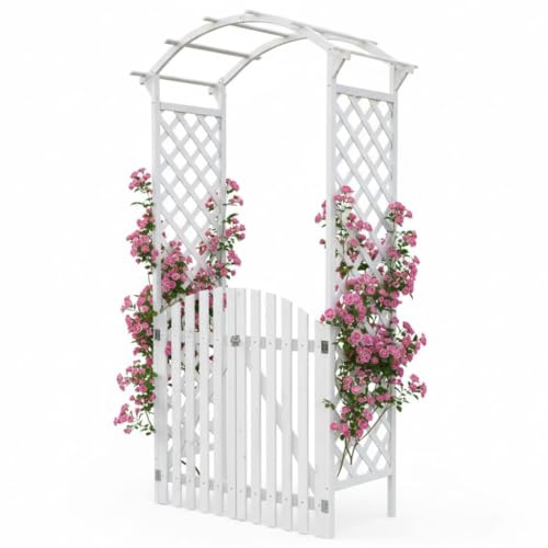 Mucola Rosenbogen Rankhilfe Rankgitter mit 2 Türen Holz 120x60x206 cm Weiß | Gartenbogen für Kletterpflanzen wie Clematis und Efeu, Durchgangsbreite 100 cm, outdoor, inkl. Montagematerial und Anleitung