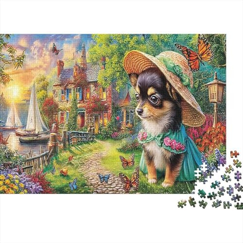 Dog in Straw Hat 1000 Piece Jigsaw Puzzle Paper Adult Garden with Sailboats Puzzle Game for Family Relax Decor Gift 38x26cm/1000pcs