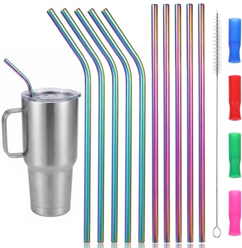 10Pcs Reusable Stainless Steel Straws 21cm Long Metal Straws Drinking | Metal Straws with 2 Cleaning Brushes and & 4 Silicone Tips Reusable Straw for Tumbler, Tall Wine Bottle (5 Straight + 5 Bent)