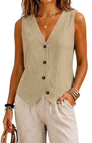 Chaleco Mujer Verano Vestir Camisetas Sin Mangas Verano Algodón y Lino Camiseta Tirantes Casual Basicas Chalecos Chaquetas Cuello en V Botones Frontales Blusas Elegantes Oficina Negocio Moda Tank Tops