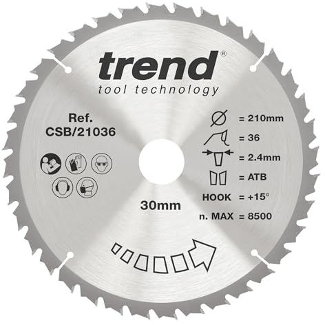 Trend Kreissägeblatt Holz, 210 mm, 30 mm Bohrung, 36 Zähne | Schneidet Holz sauber quer und längs, mit 36 Zähnen, 2,4 mm Schnittbreite und +15° Hakenwinkel, CSB/21036