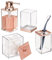 mDesign Plastic Bathroom Vanity Countertop Accessory Set - Includes,Soap Dispenser, Toothbrush Holder, Lidded Canister, and Tumbler Rinsing Cup; Lumiere Collection - Set of 4 - Clear/Rose Gold
