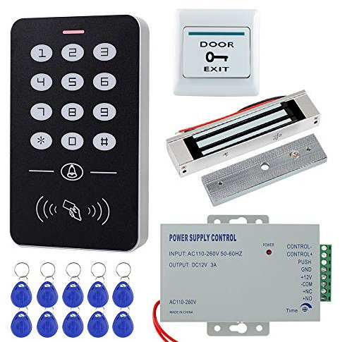 HFeng Cheap Access Control System Kit Set RFID Access Control Keypad Controller + 180KG/350lbs Electric Magnetic Lock + Power Supply + 10pcs RFID Keychains Cards for Door Entry System