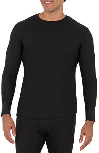 Fruit of the Loom Men's Recycled Waffle Thermal Underwear Crew Top, Black, Small