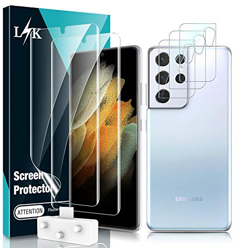 [2 + 3 Stück] L-K Displayschutzfolie für Samsung Galaxy S21 Ultra 5G mit 2 Stück TPU Displayschutzfolie + 3 Stück Kamera-Schutzfolie – blasenfrei, Fingerabdruck-Halterung