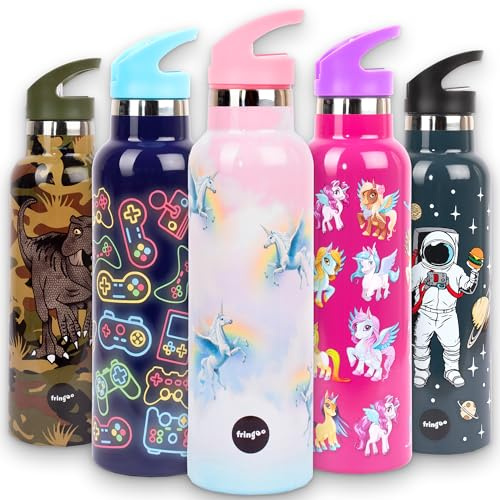 Fringoo - Unicorn Sky Water Bottle with Straw - Large BPA Free Water Bottles - Insulated Water Bottle - Stainless Steel Water Bottle - Reusable Water Bottle - 600ml