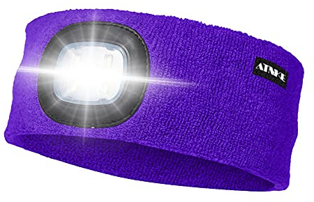 ATNKE LED Lighted Headband, USB Rechargeable Running Hat Ultra Bright 4 LED Waterproof Light Lamp Headlamp High Stretch Moisture Wicking Multi-Color
