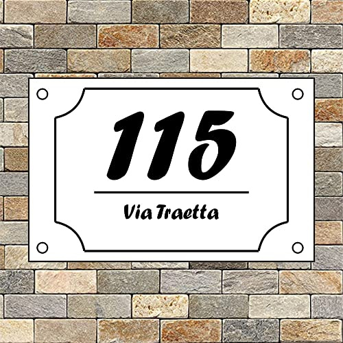 Numero Civico Personalizzato per Esterno StickerLab, Made in Italy - Targa in Laminato Plastico 3,2mm con Stampa UV Alta Definizione - Effetto Acciaio Spazzolato - Bianco - Stampa Nera