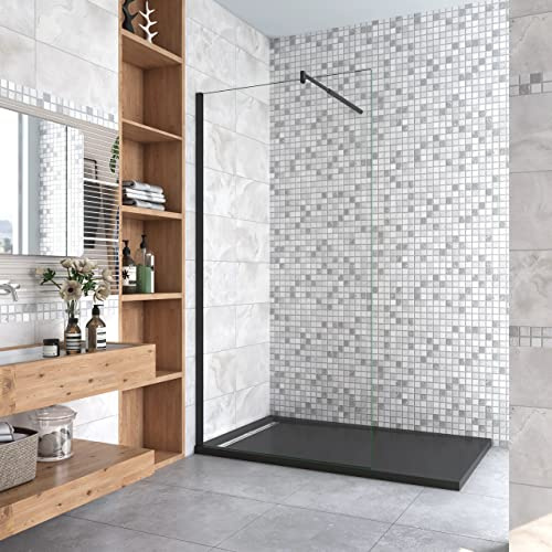 Box Doccia 90x200cm Walk In Fissa Vetro 10mm Barra 70-120cm | Anticalcare, Trasparente Vetro Temperato, Telaio Nero Opaco