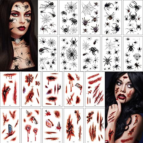 20 Blatt Halloween Temporäres Tattoo, Realistisch Wirkende Spinne und Narben Wunden Tattoo, Schaurig Blutige Zombie Vampir Tattoo für Cosplay Party Dekoration Kinder Erwachsener Makeup