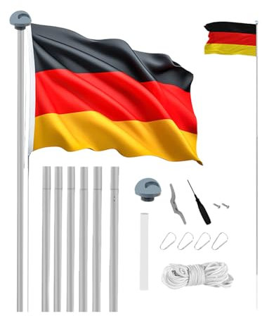 MUWO Glory Teleskop Fahnenmast mit Hissvorrichtung, höhenverstellbar von 2,1 m bis 6,1 m. Einfaches Stecksystem aus flexiblem, wetterfestem Aluminium, mit Bodenhülse. Geeignet für die Außenmontage