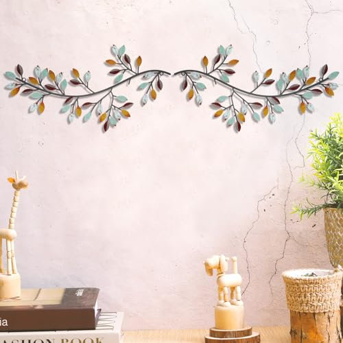 Hotop 2 Pieces Metal Tree Leaf Wall Decor Vine Olive Branch Leaf Wall Art Wrought Iron Scroll Sculptures Above the Bed, Living Room, Outdoor Decoration(Classic Style,Elegant Color)