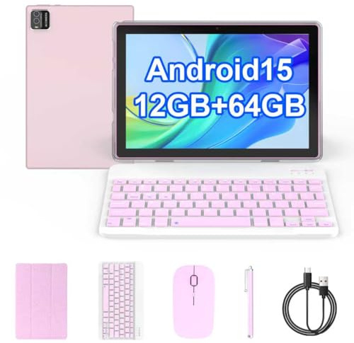 Tableta Android 15, tabletas 2 en 1 de 10 pulgadas con teclado y mouse, lápiz capacitivo de 12 GB + 64 GB + 1 TB de expansión, cámara de 8 MP, CPU de cuatro núcleos de 1.8 GHz, computadora de pantalla
