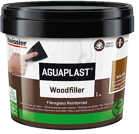 Aguaplast Woodfiller 1 kg Stucco fibrato pronto all’uso per riempire buchi e crepe su legno in mano unica senza ritiro. Colore Noce scuro