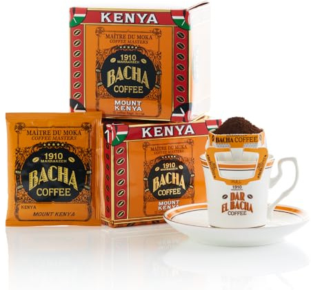 Bacha Coffee - Café Mount Kenya Origine Unique Kenya - 12 Sachets de 12g | Arômes Chocolat, Fruité - 100% Arabica avec filtre intégré - Torréfaction Medium Foncée - Caféiné