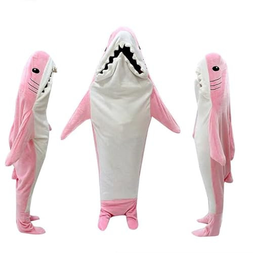 KULSUM Shark Blanket Sleeping Bag, Wearable Cozy Flannel with Hood Cosplay Costume, Hoodie Tail Bag Throw Gifts for Women Men Kids (Pink, L (Adults Height 155-168CM))