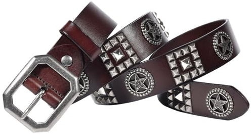 Nietengürtel Rock Pentagramm Nieten Gürtel Punk Ledergürtel Mit Hellen Quadratische Pyramiden-Nieten Für Damen Und Herren Gothic Kleidung Zubehör(120cm/waist:41, Coffee)
