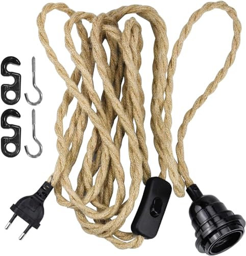 Wandefol E27 Lampenfassung Pendelleuchte Kit mit Schalter, Vintage Lampenkabel mit 4.5 Meter gedrehten Hanfseil DIY Hängende Leuchte für Farmhouse Home Loft - Ohne Glühbirne
