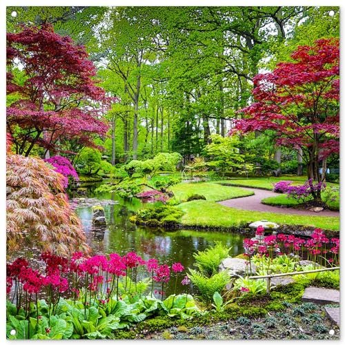 MuchoWow© Gartenposter Groß 100x100 cm XXL Outdoor Bilder Gartendeko für draußen Wetterfest Garten Terrassen Sichtschutz Deko Banner Draußen Bild Bäume - Blumen - Japanisch - Natur - Wasser