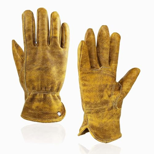 OLSON DEEPAK Retro Braun Leder Arbeitshandschuhe für Schnitt/Motorrad/Bauernhof, Rindsleder Arbeitshandschuhe mit verblasstem Effekt für Männer (Gelb-01, L)