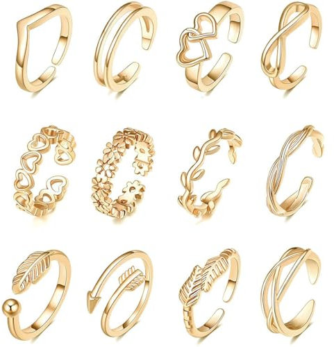 WUMZIRA 12 Stücke Offene Zehenringe Set für Damen Mädchen, Einfach verstellbarer Knöchelring Zehenringe Knöchel Midi Schwanz Pinky Ringe Fußschmuck(Gold)