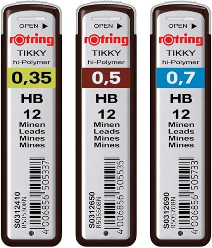rOtring Hi-Polymer Minen Set mit 3 Packungen mit je 12 Minen | 0,35 mm, 0,50 mm | 0,70 mm | Härte: HB