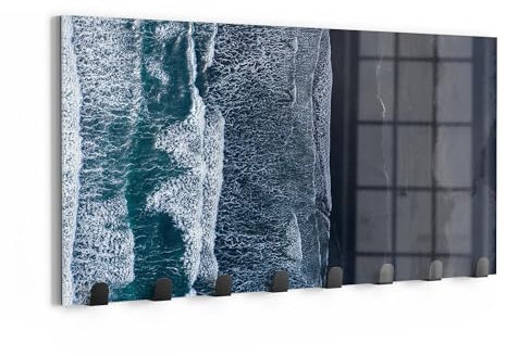 DEQORI Wandgarderobe Glas & Metall | Motiv Meereskontraste | 60x30 cm | Design Haken-Leiste modern | Garderoben-Paneel für Flur, Wohnzimmer & Schlafzimmer | magnetisch & beschreibbar