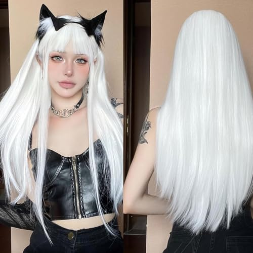 PORSMEER Weiß Lange Gerade Perücken für Frauen mit Pony Natürliche Geschichtete Synthetische Haare Perücke mit Fransen für Tägliche Party Cosplay Verwendung (Weiß)