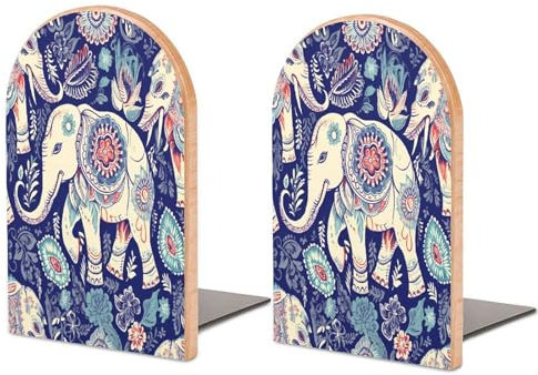 Robuste Buchstützen, Boho-Elefanten-Druck, Holz-Buchstütze, dekorative Buchstützen, rutschfeste Buchstütze für Regale (1 Paar)