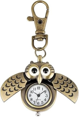 JFNHUTL Bronzefarbener süßer Eulen-Schlüsselanhänger, Taschenuhrkette, Goldener Schlüsselanhänger, Klappetui, Stundenuhr, Tiere, Taschenuhren für Männer, Frauen, Kinder