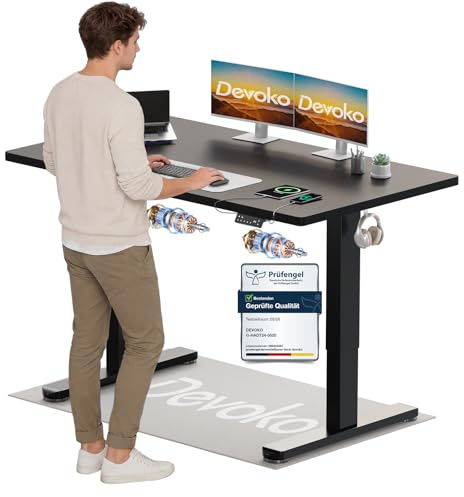 Devoko Höhenverstellbarer Schreibtisch mit 2 Motoren，25mm Einteilige Tischplatte, 140x70 cm Elektrisch Computertisch mit Kabel Management, Schwarz - Perfekte Ergonomie für Dein Büro