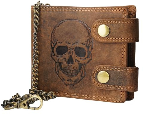 Manza Echt Leder Biker Geldbörse Portemonnaie Geldbeutel Sauvage Leder mit RFID Schutz (Totenkopf, Tan)