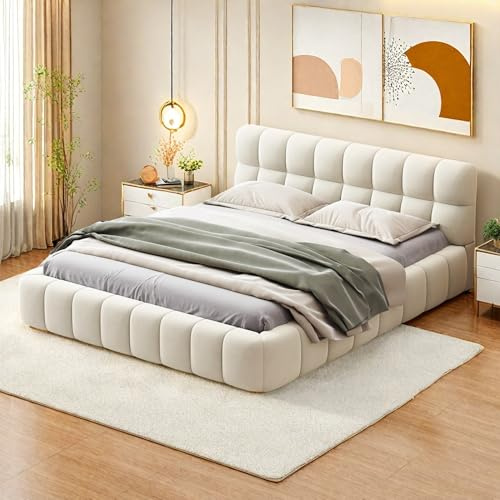 JOROBURO Bubble Bett 140x190 cm mit Gepolstertes Kopfteil, Polsterbett Cloud Bett mit Lattenrost, Bodenbett Jugendbett Bettgestell Flachbett Gästebett, für Schlafzimmer und Gästezimmer, Leinen, Beige