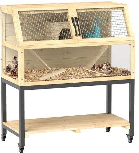 PawHut Hamsterkäfig aus Holz, 87 x 43 x 101 cm Nagerkäfig mit Ablagefläche, Wasserflasche, Hütte, Wippen, Kleintierkäfig mit Rädern, Rampen, für Zwerghamster Naturholz